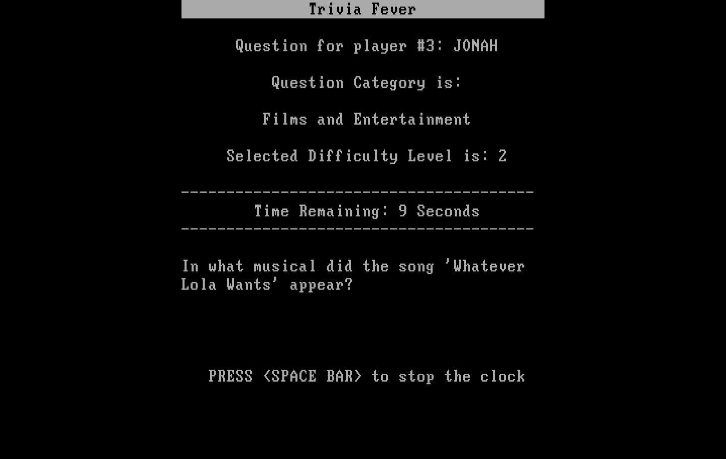 Trivia Fever IBM PC/Compatibles Screenshot: And the next question is...