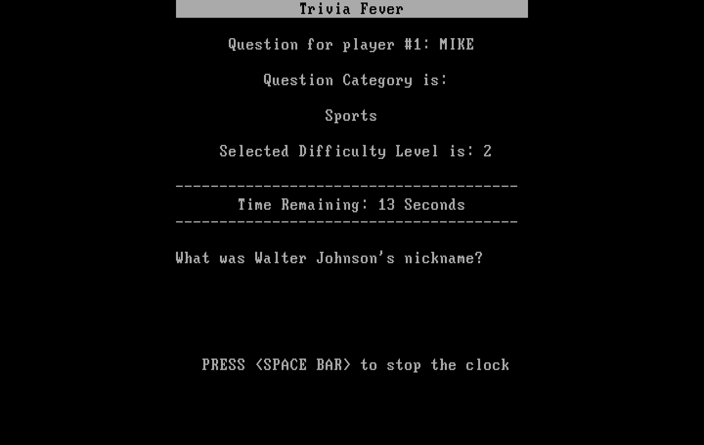 Trivia Fever IBM PC/Compatibles Screenshot: Here's the question...