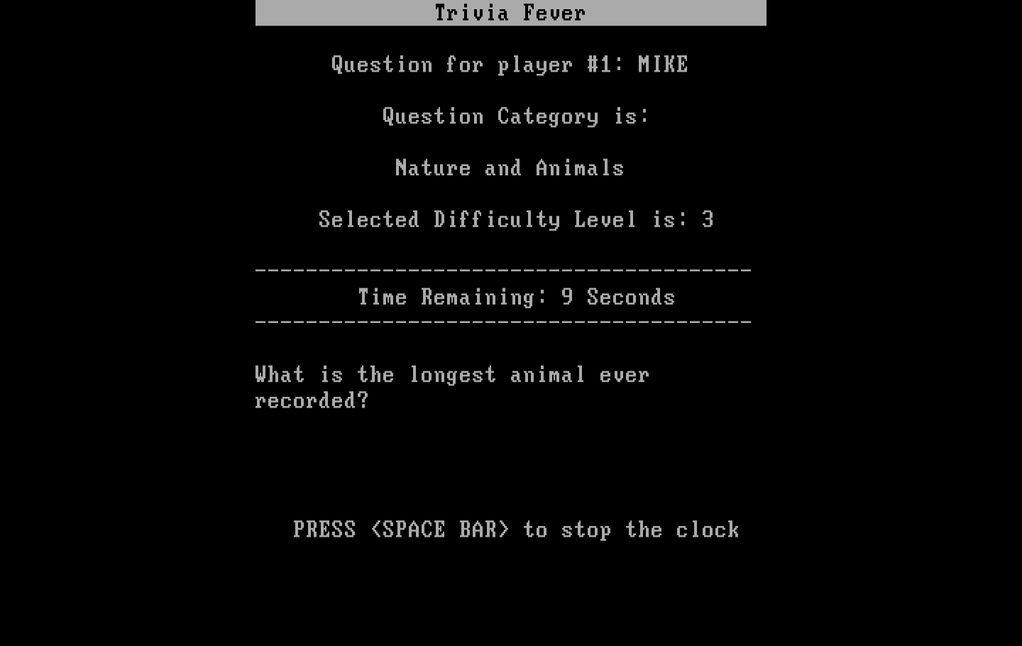 Trivia Fever IBM PC/Compatibles Screenshot: Here's the question...