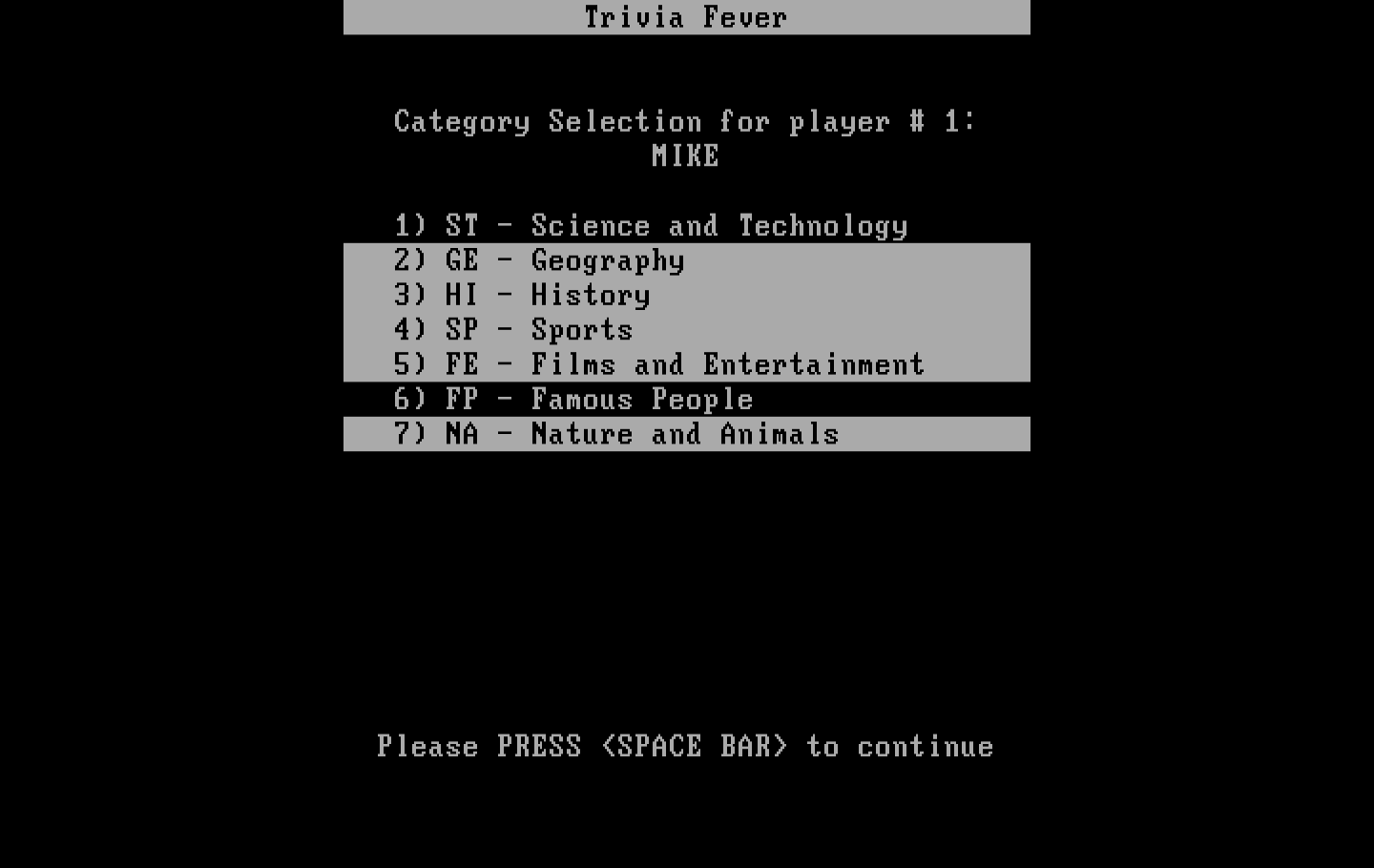 Trivia Fever IBM PC/Compatibles Screenshot: Selecting categories for players.