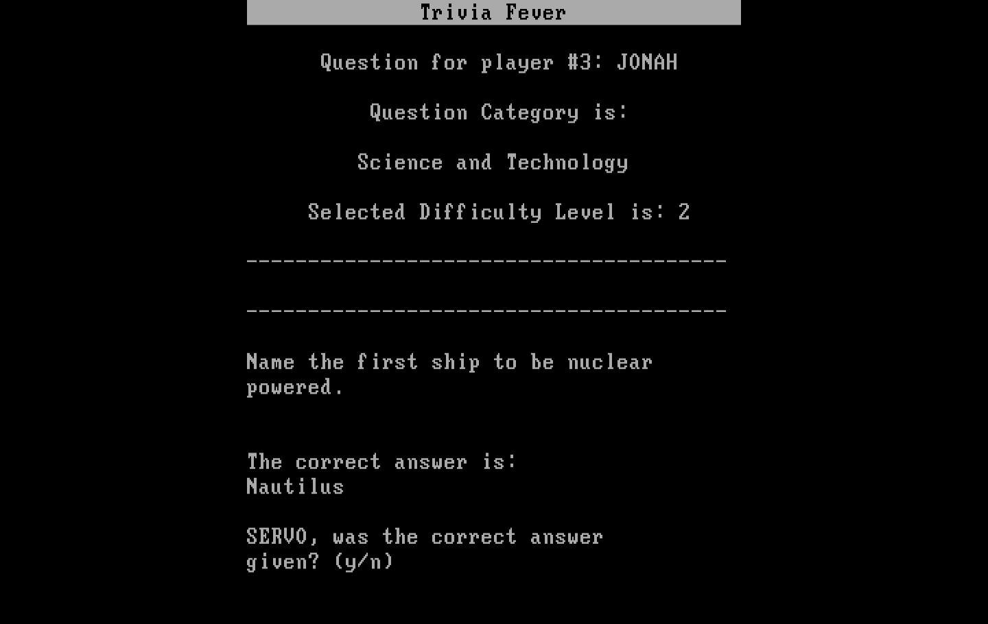 Trivia Fever IBM PC/Compatibles Screenshot: Here's the correct answer...did the player get it right?