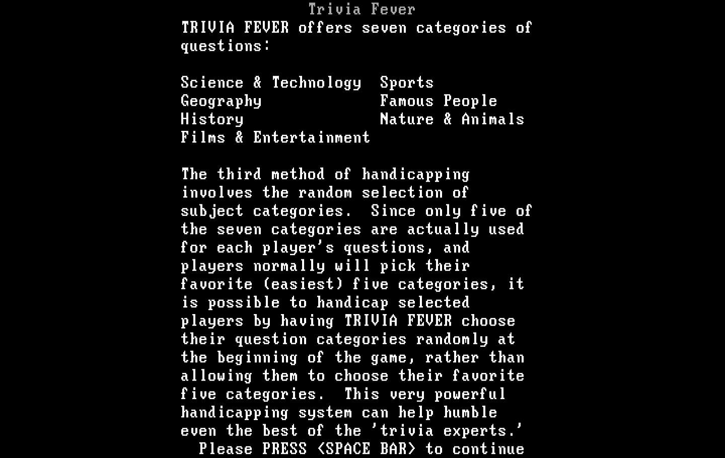 Trivia Fever IBM PC/Compatibles Screenshot: There are seven categories of questions...