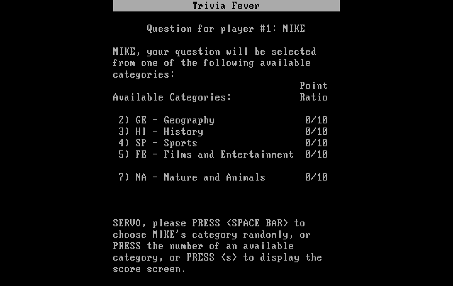 Trivia Fever IBM PC/Compatibles Screenshot: Choose a category, or let the computer randomly select one...