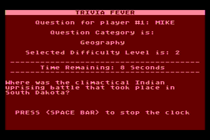 Trivia Fever Atari 8-bit Screenshot: And here's the question!