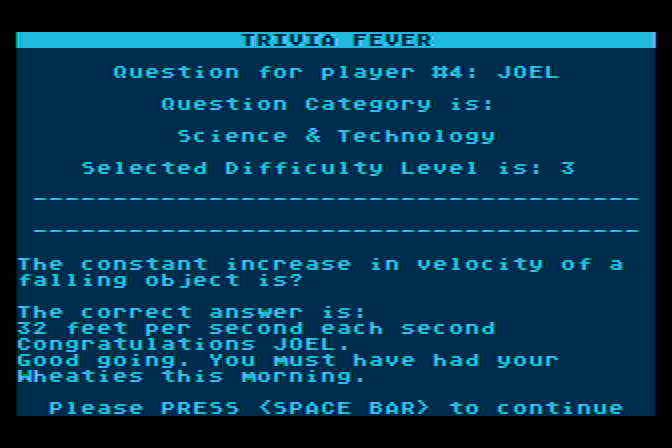 Trivia Fever Atari 8-bit Screenshot: A correct answer!