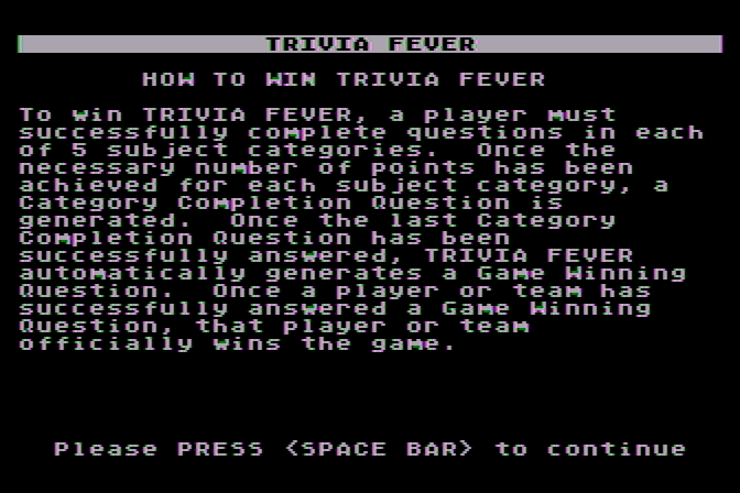 Trivia Fever Atari 8-bit Screenshot: How to win the game...