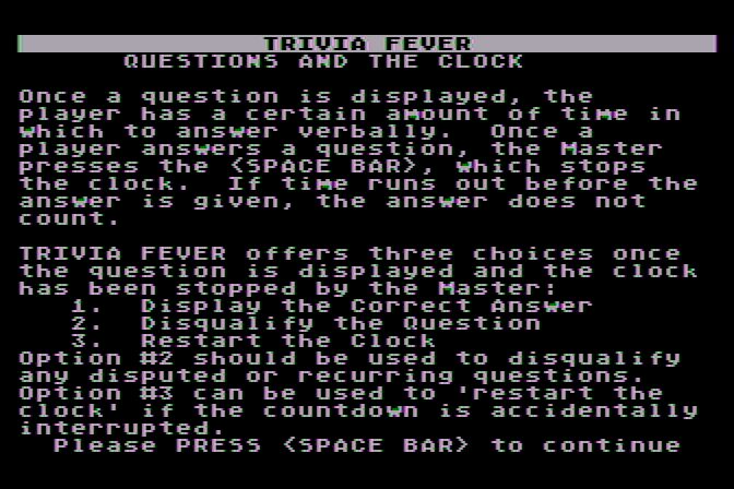 Trivia Fever Atari 8-bit Screenshot: Questions and the clock...