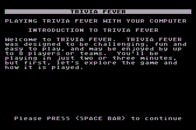 Trivia Fever Atari 8-bit Screenshot: First page of the game instructions.