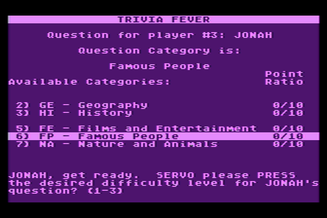 Trivia Fever Atari 8-bit Screenshot: For each question the trivia master can choose one of three difficulties.