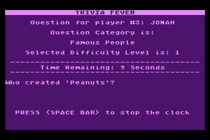 Trivia Fever Atari 8-bit Screenshot: When a correct player responds, press space to stop the clock!