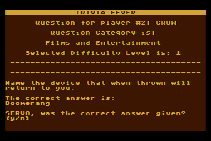 Trivia Fever Atari 8-bit Screenshot: Did the player provide a correct answer?