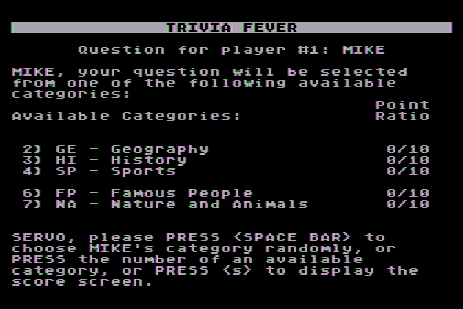 Trivia Fever Atari 8-bit Screenshot: Choose a category for the next player.