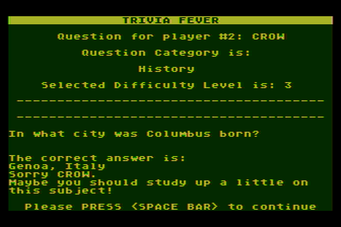 Trivia Fever Atari 8-bit Screenshot: Oops, we had an incorrect answer!
