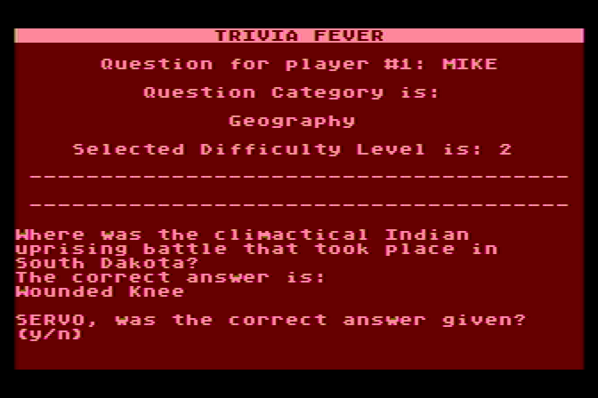 Trivia Fever Atari 8-bit Screenshot: Here's the answer; was the correct answer given by the player?