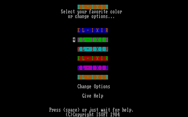 El-Ixir IBM PC/Compatibles Screenshot: Main menu; each player can select a color, or select game help.