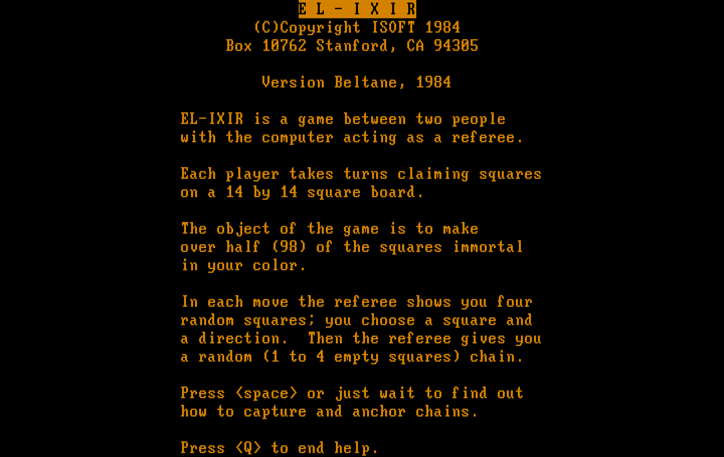 El-Ixir IBM PC/Compatibles Screenshot: Start of the game instructions.
