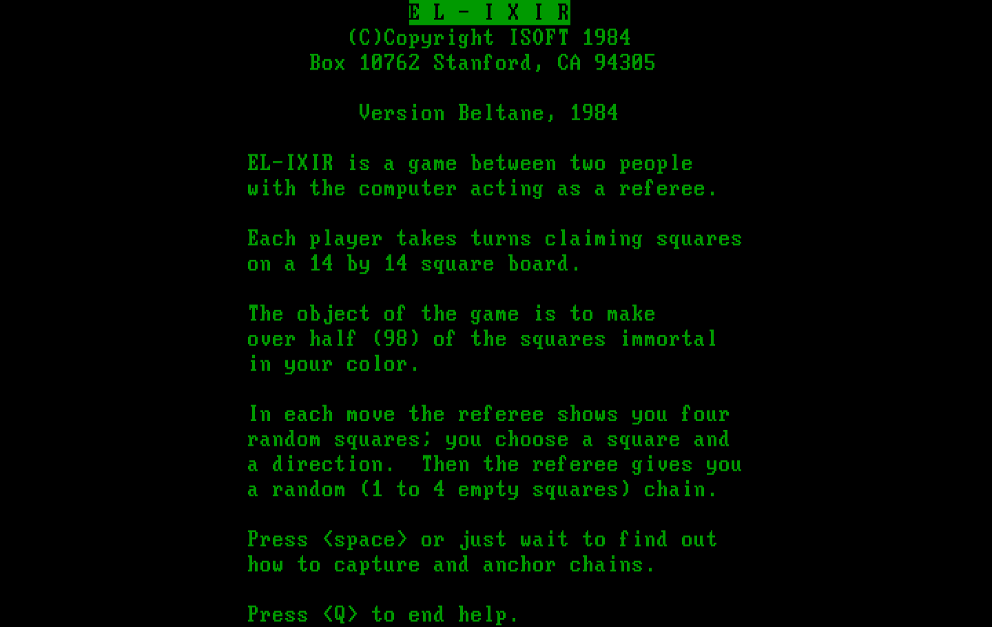 El-Ixir IBM PC/Compatibles Screenshot: Start of the game instructions.