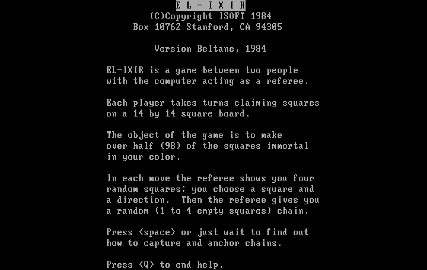 El-Ixir IBM PC/Compatibles Screenshot: Start of the game instructions.