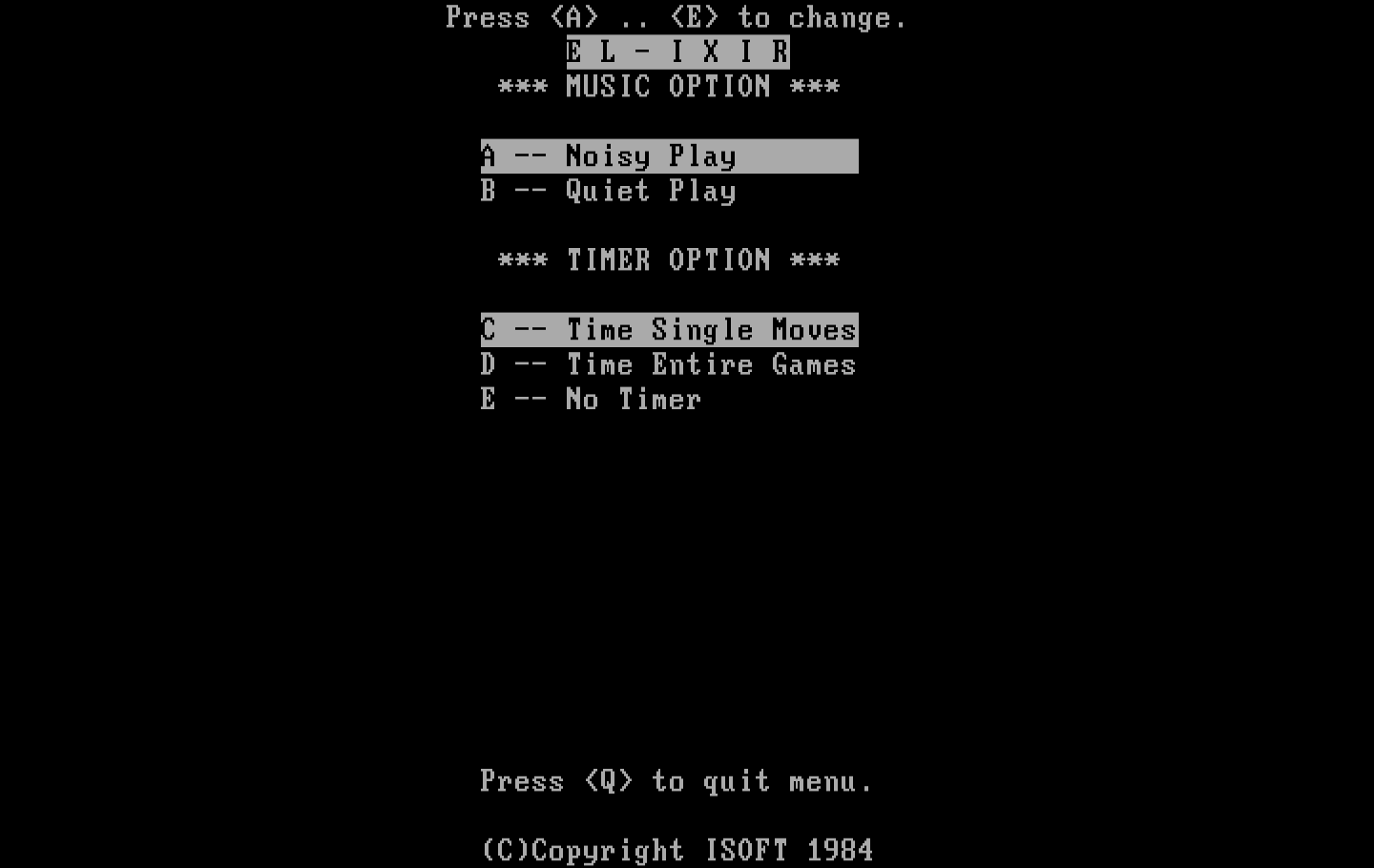 El-Ixir IBM PC/Compatibles Screenshot: Game options menu.