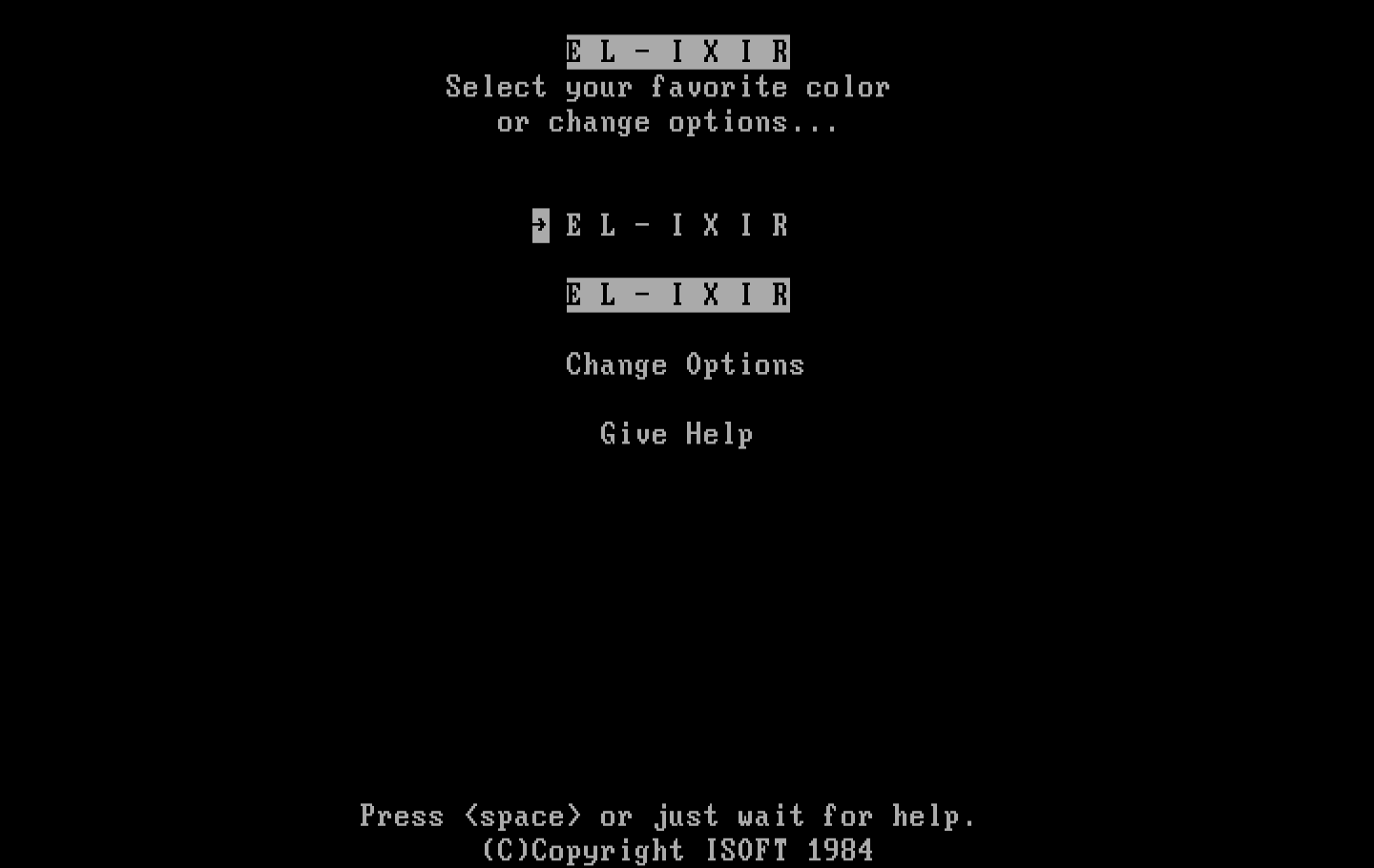 El-Ixir IBM PC/Compatibles Screenshot: Main menu.