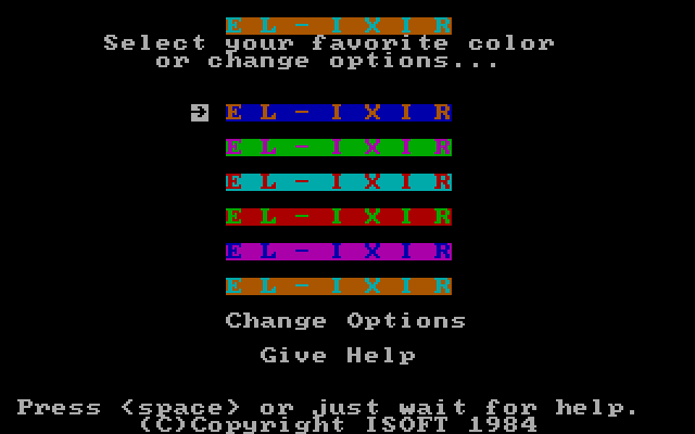El-Ixir IBM PC/Compatibles Screenshot: The main menu.