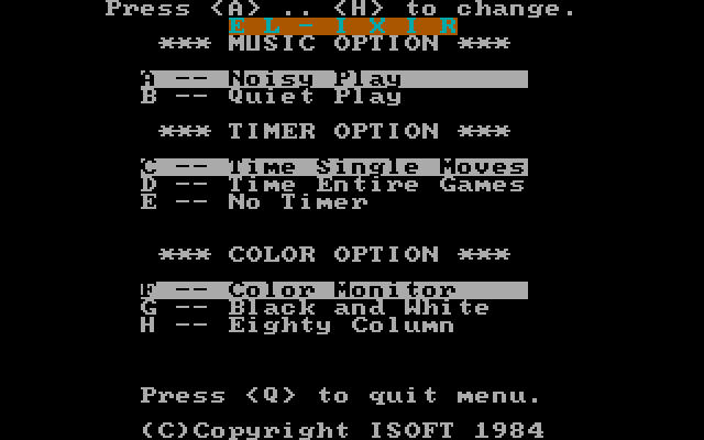 El-Ixir IBM PC/Compatibles Screenshot: Game options menu.