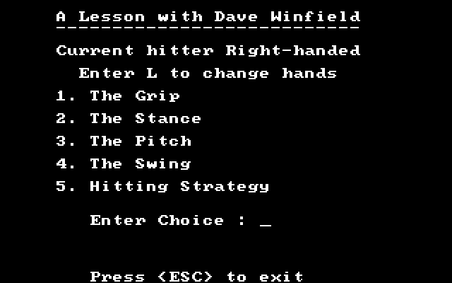 Dave Winfield's Batter Up! IBM PC/Compatibles Screenshot: First, a lesson with Dave Winfield...