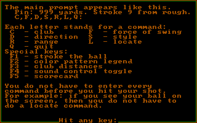 Golf's Best: Pinehurst - World's Premier Golf Course IBM PC/Compatibles Screenshot: Some of the key commands.