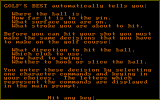 Golf's Best: Pinehurst - World's Premier Golf Course IBM PC/Compatibles Screenshot: Instructions continued...