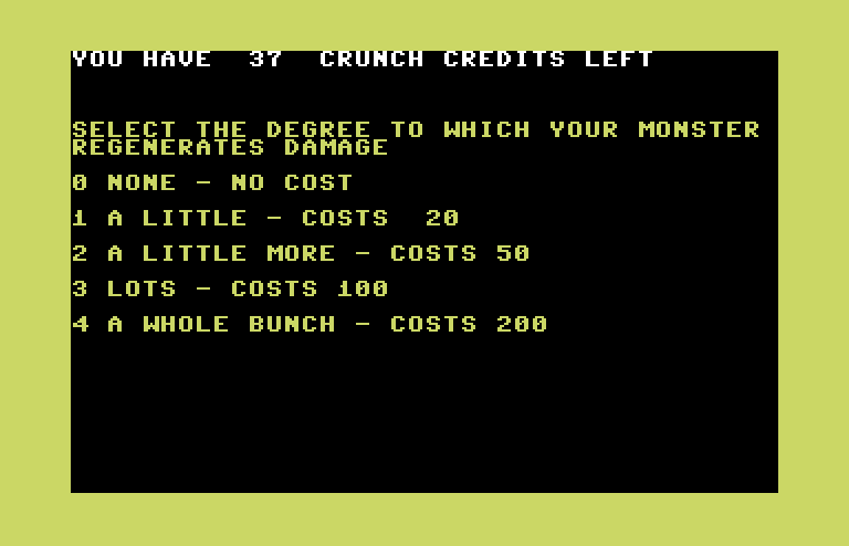 Crush, Crumble and Chomp! Commodore 64 Screenshot: There are numerous decisions to make when creating your creature.