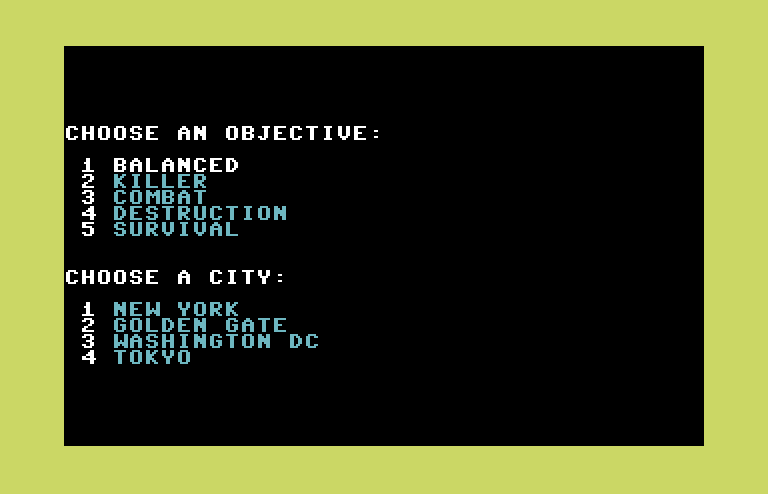 Crush, Crumble and Chomp! Commodore 64 Screenshot: What city would you like to terrorize?