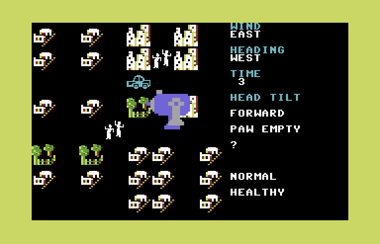 Crush, Crumble and Chomp! Commodore 64 Screenshot: My creature wanders into town...