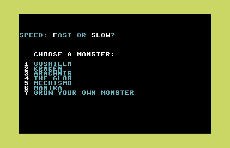 Crush, Crumble and Chomp! Commodore 64 Screenshot: Select a monster.