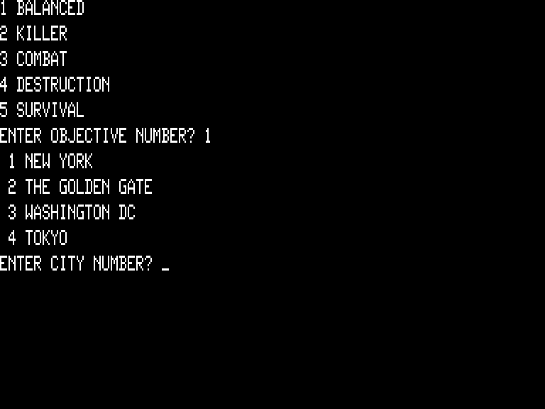 Crush, Crumble and Chomp! TRS-80 Screenshot: Select a scenario...