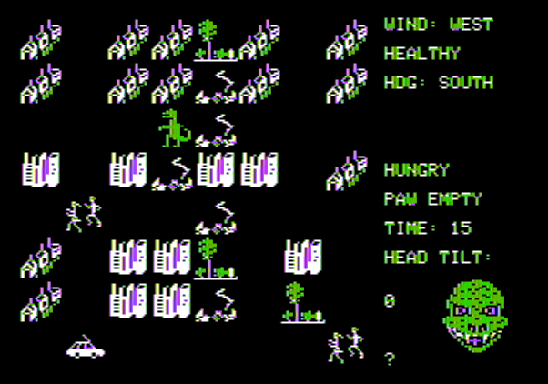 Crush, Crumble and Chomp! Apple II Screenshot: Citizens run as Goshilla attacks!