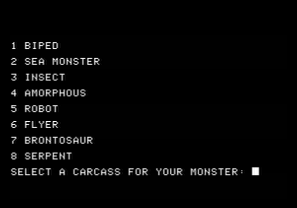 Crush, Crumble and Chomp! Apple II Screenshot: To create a custom monster, first select a carcass.