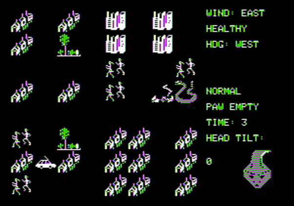 Crush, Crumble and Chomp! Apple II Screenshot: My serpent destroys the city...