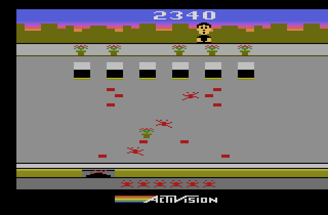 Crackpots Atari 2600 Screenshot: Drop flower pots to stop the bugs.