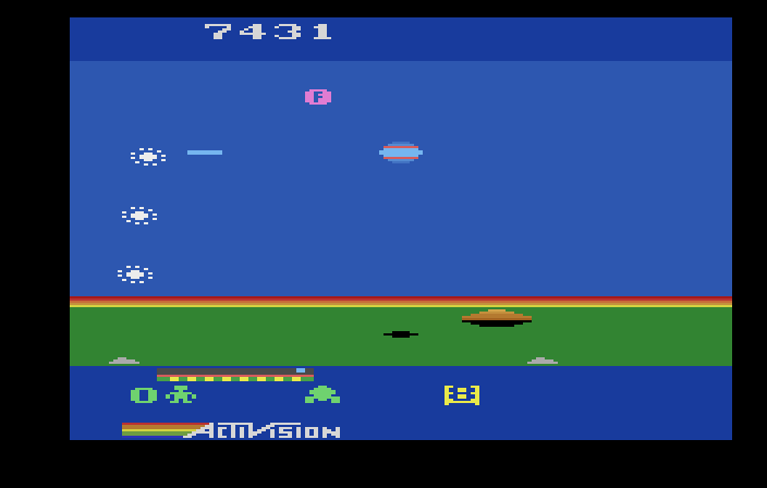 Cosmic Commuter Atari 2600 Screenshot: The obstacles become trickier to shoot and dodge as the game progresses.