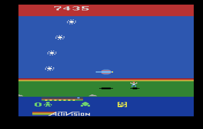 Cosmic Commuter Atari 2600 Screenshot: Pick up the commuter, and shoot obstacles to make sure you don't crash!