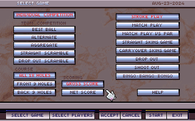 Wilson ProStaff Golf IBM PC/Compatibles Screenshot: Select game options.