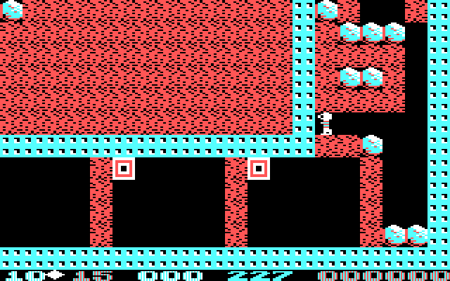 Boulder Dash II: Rockford's Revenge IBM PC/Compatibles Screenshot: Those boxes are deadly, but they can be crushed with boulders.
