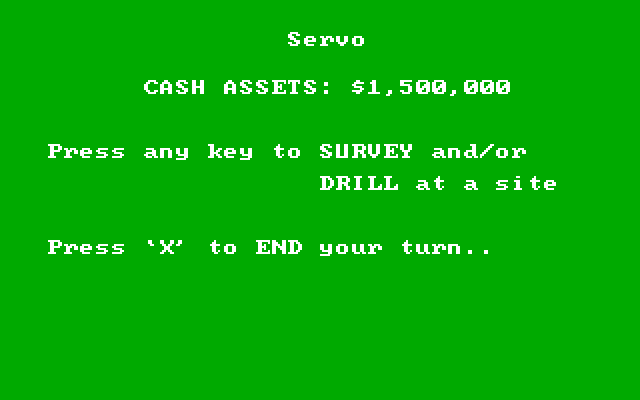 Oil Barons IBM PC/Compatibles Screenshot: Survey or drill at a site?