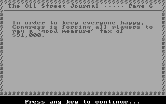 Oil Barons IBM PC/Compatibles Screenshot: Sometimes events happen that cost each player money.