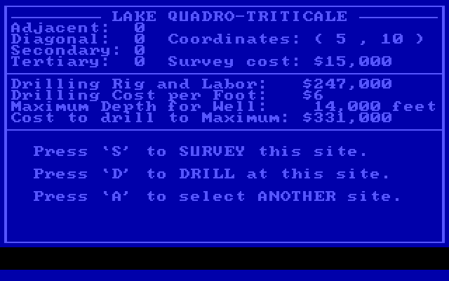 Oil Barons IBM PC/Compatibles Screenshot: Site overview; care to drill?
