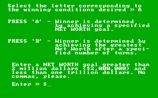 Oil Barons IBM PC/Compatibles Screenshot: What goal do you want for the game?