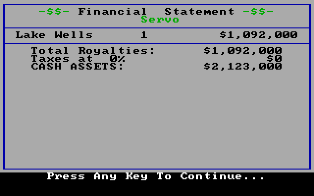 Oil Barons IBM PC/Compatibles Screenshot: Financial statement for this turn...