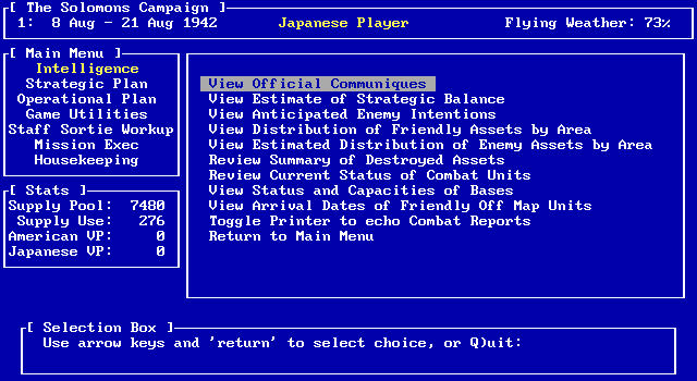 Pacific Storm: The Solomon's Campaign - Operations in the South Pacific, 1942-1943 IBM PC/Compatibles Screenshot: Intelligence menu.