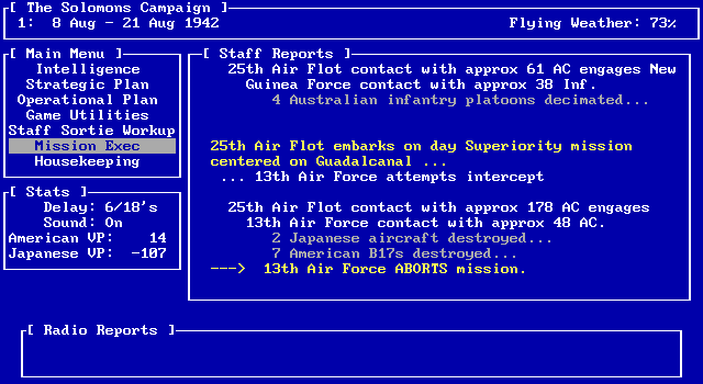 Pacific Storm: The Solomon's Campaign - Operations in the South Pacific, 1942-1943 IBM PC/Compatibles Screenshot: Staff reports during a mission.