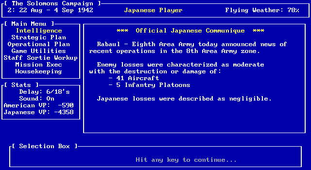 Pacific Storm: The Solomon's Campaign - Operations in the South Pacific, 1942-1943 IBM PC/Compatibles Screenshot: Japanese losses were described as negligible...
